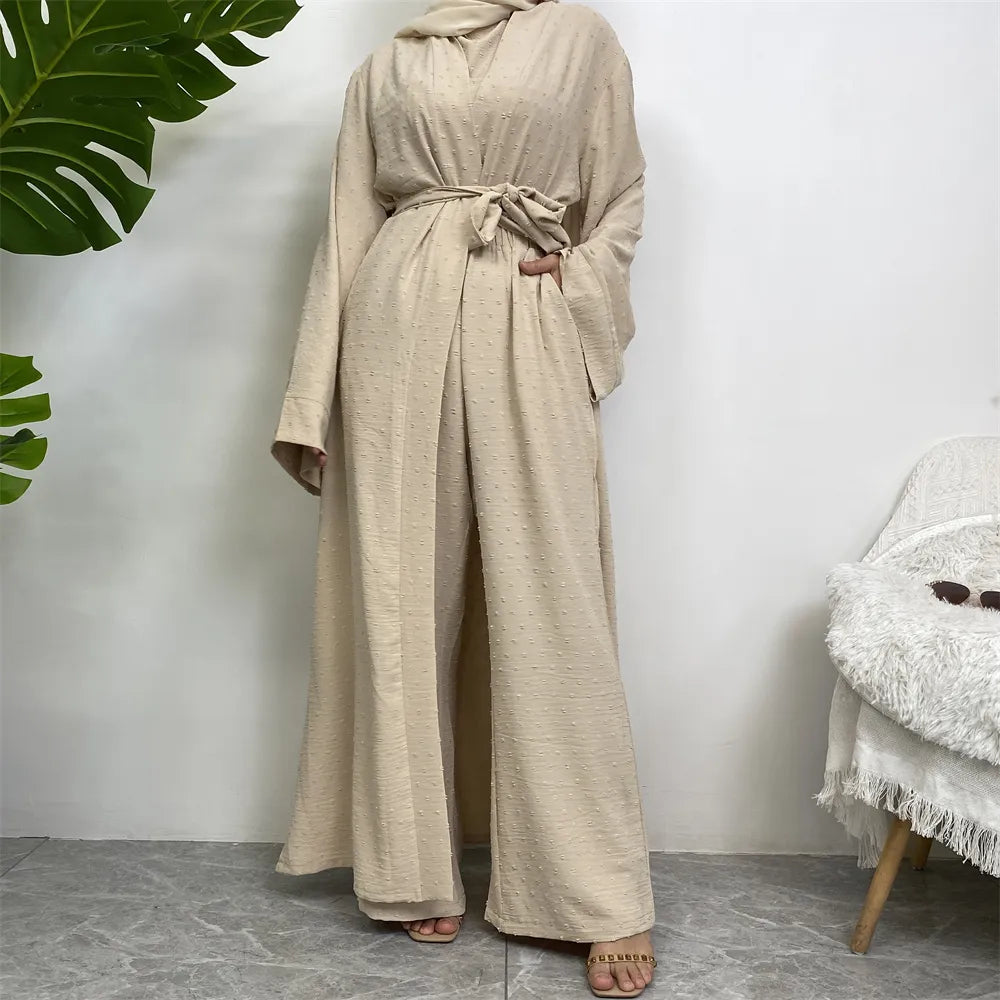 Cream 3-Piece Abaya Set – Elegant Modest Wear with Belt & Sleeveless Design