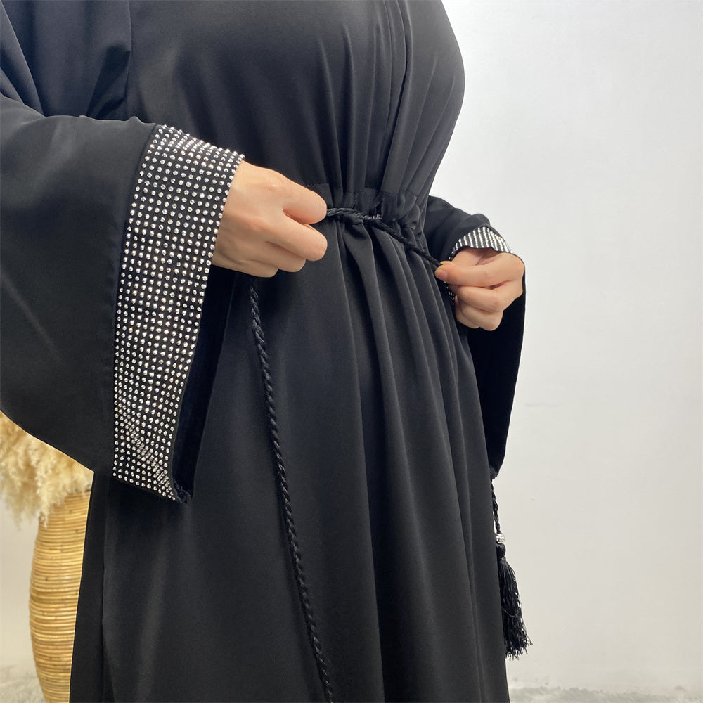 Asiya Rhinestone Sleeve Abaya- Black