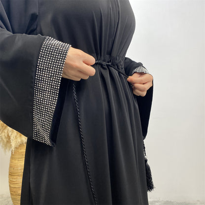 Asiya Rhinestone Sleeve Abaya- Black
