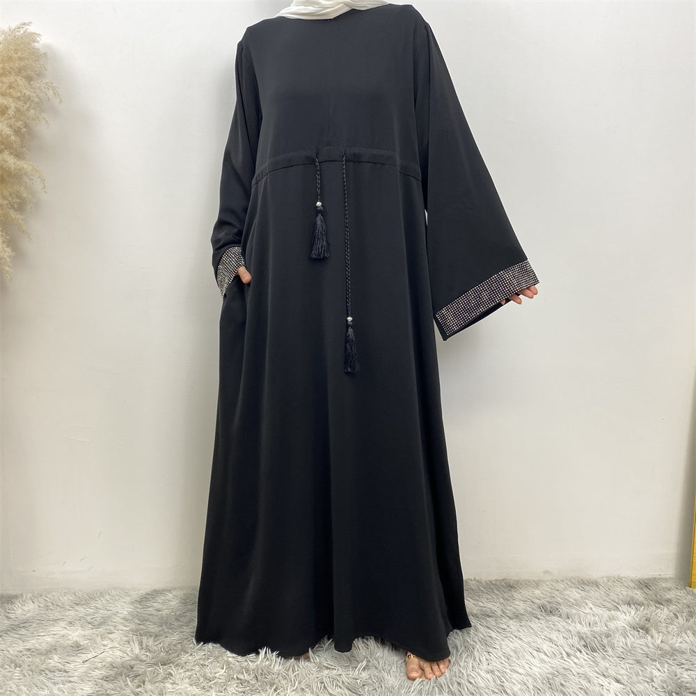 Asiya Rhinestone Sleeve Abaya- Black
