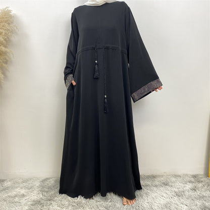 Asiya Rhinestone Sleeve Abaya- Black