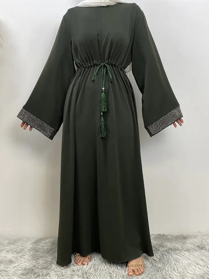 Asiya Rhinestone Sleeve Abaya - Forest Green
