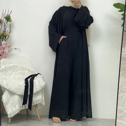Black 3-Piece Abaya Set – Elegant Modest Wear with Belt & Sleeveless Design