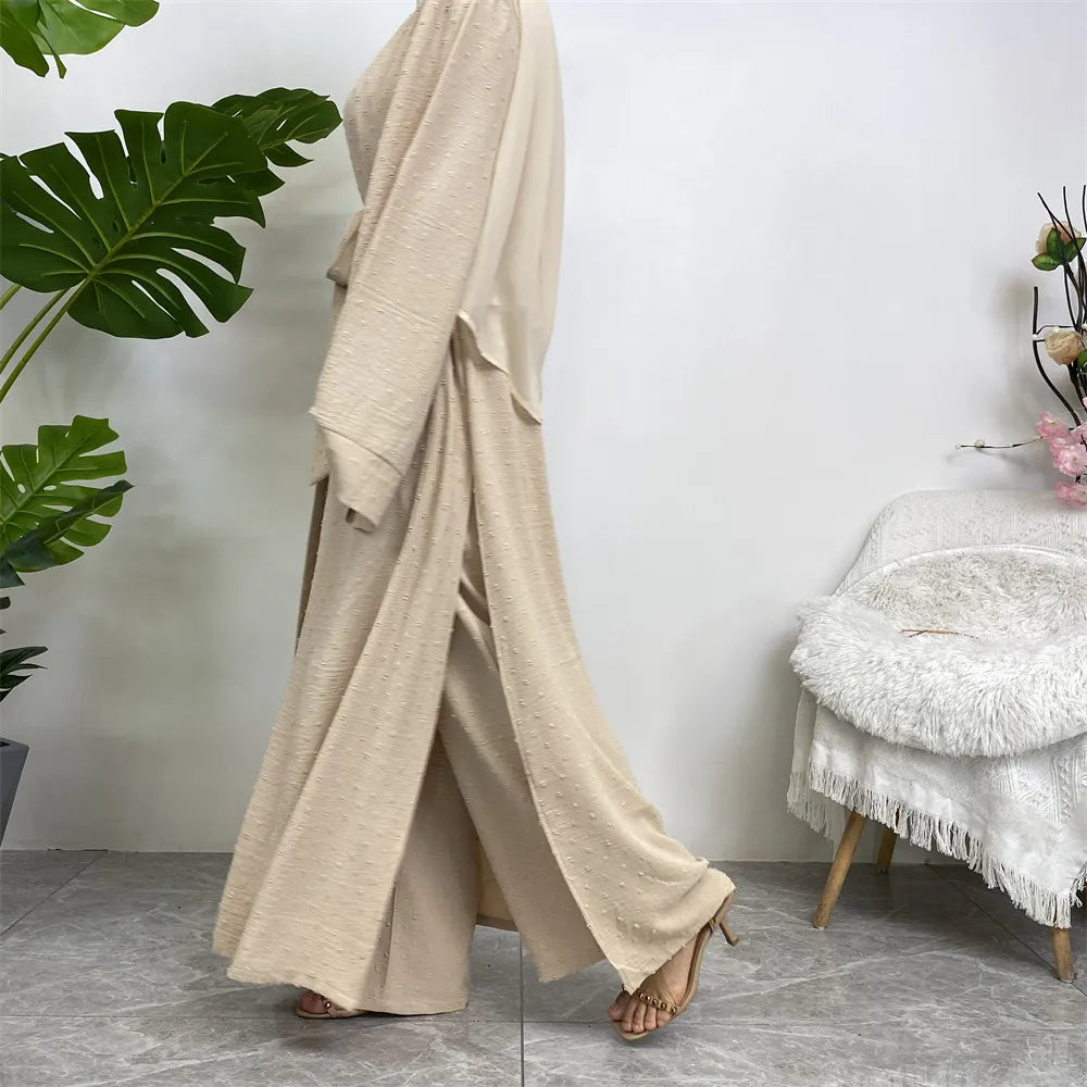 Cream 3-Piece Abaya Set – Elegant Modest Wear with Belt & Sleeveless Design