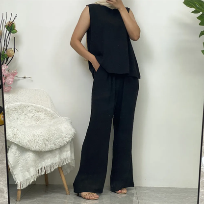 Black 3-Piece Abaya Set – Elegant Modest Wear with Belt & Sleeveless Design