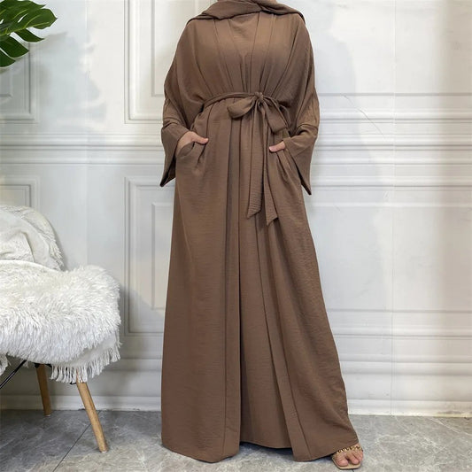 Elegant 2-PieceOpen Abaya with Pockets – Rich Brown Coffee Edition